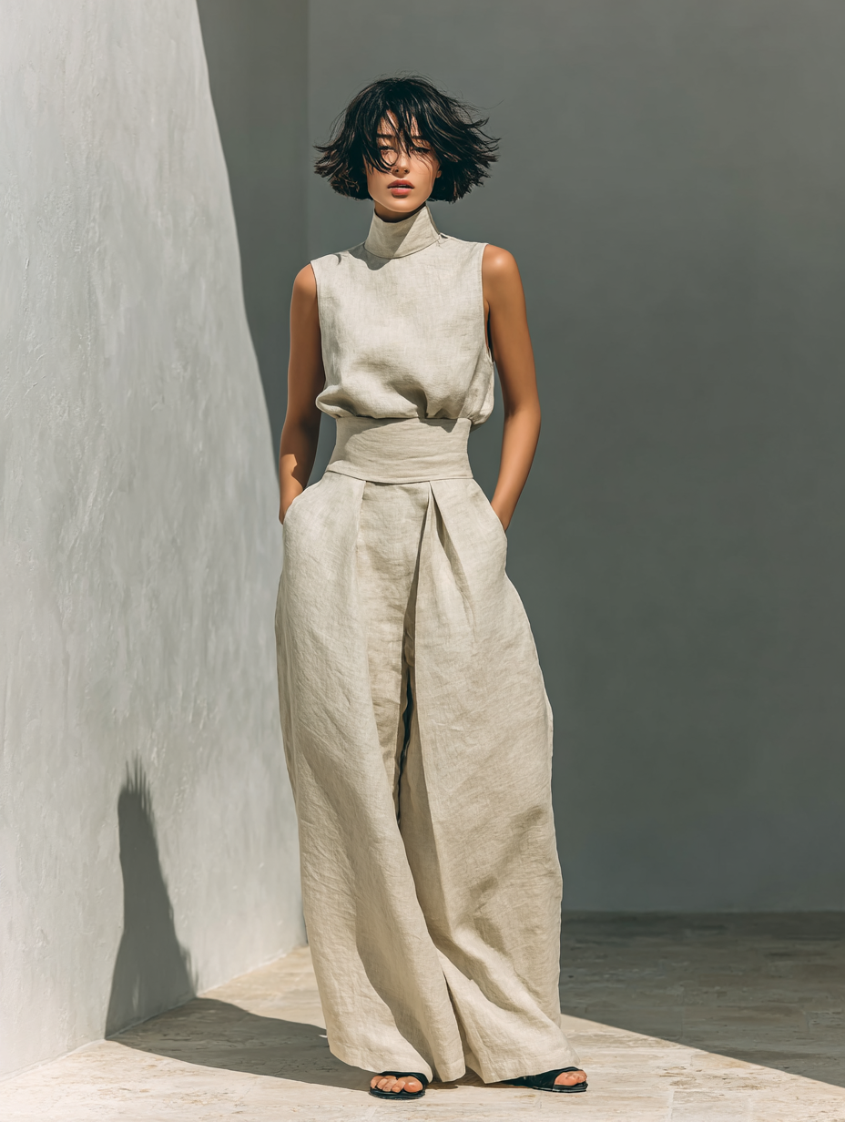 Elena – Conjunto completo de lino con pantalones de pierna ancha