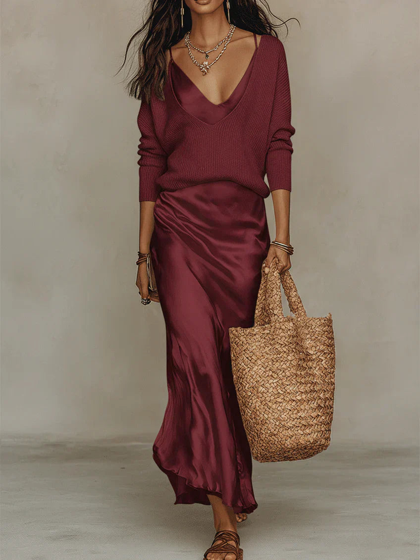 Elena | Conjunto elegante con vestido satinado y top