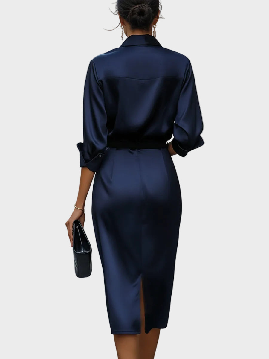Sophia - Vestido midi con cuello drapeado y efecto brillante