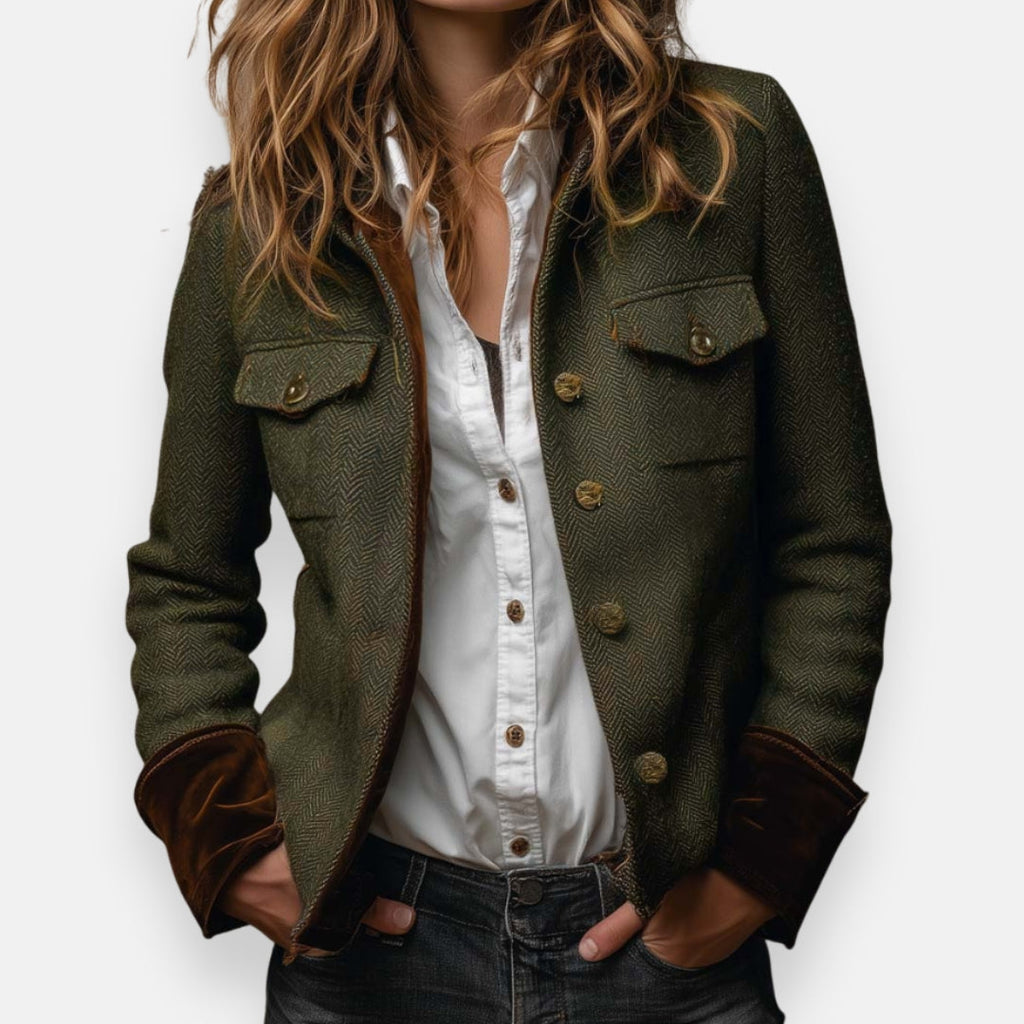 Elspeth – Elegante chaqueta de tweed con detalles de terciopelo
