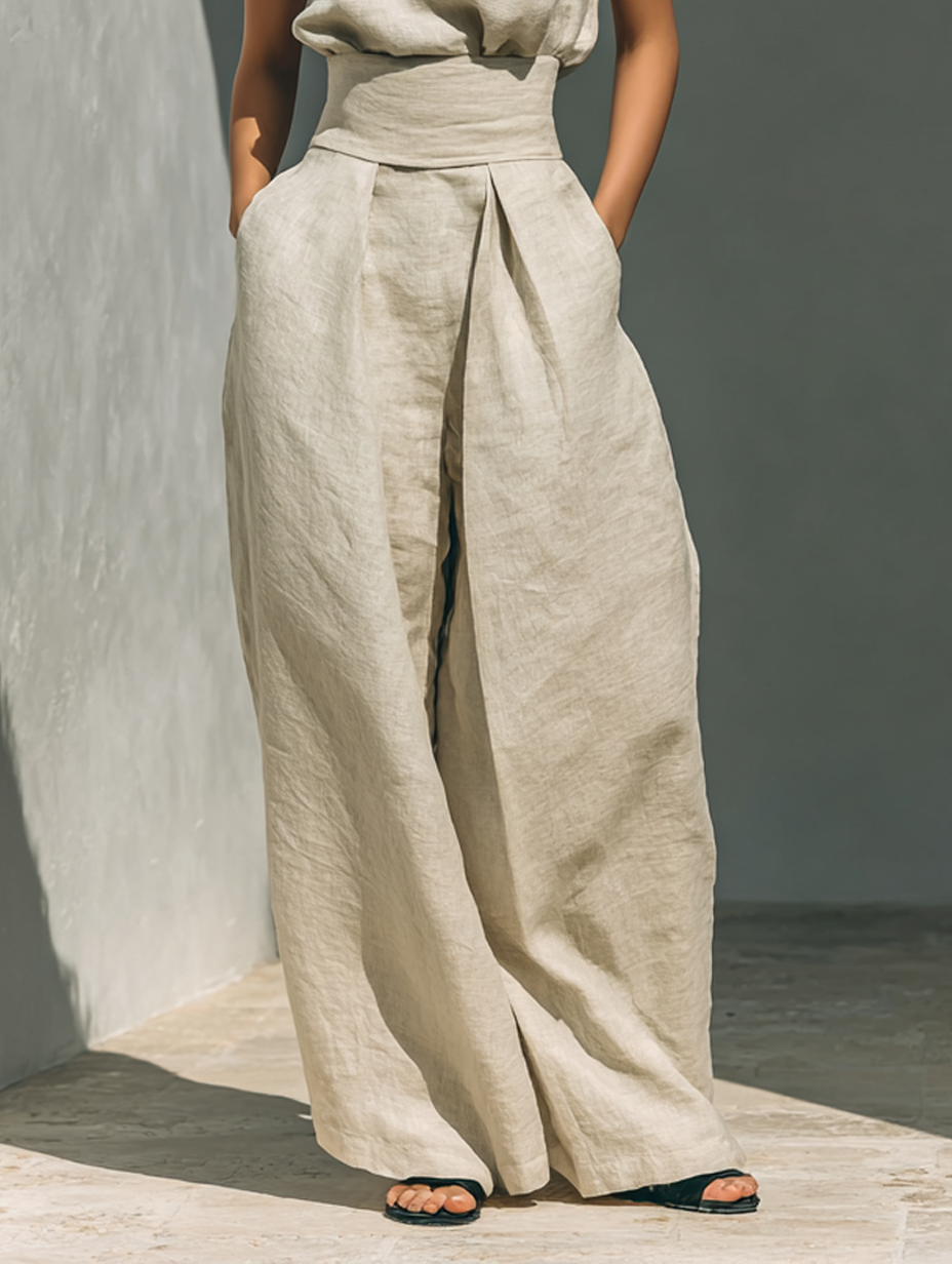 Elena – Conjunto completo de lino con pantalones de pierna ancha