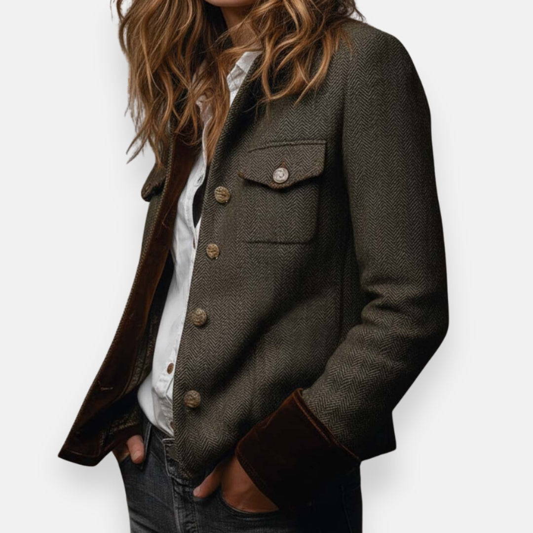 Elspeth – Elegante chaqueta de tweed con detalles de terciopelo