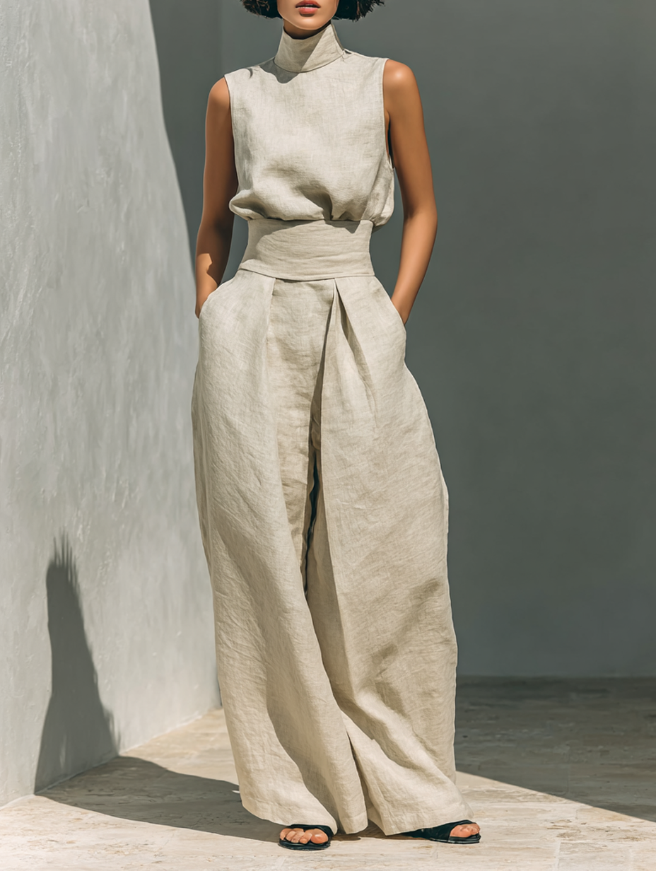 Elena – Conjunto completo de lino con pantalones de pierna ancha