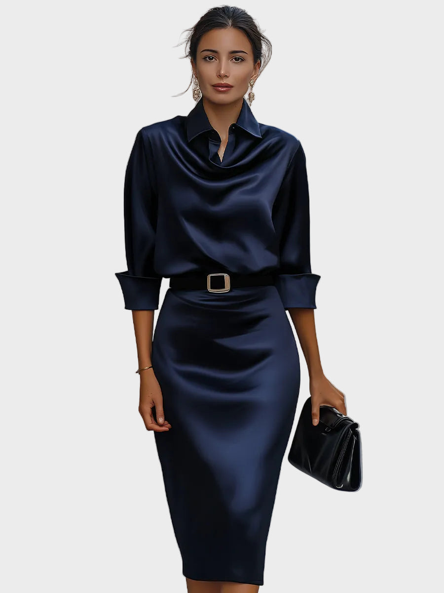 Sophia - Vestido midi con cuello drapeado y efecto brillante