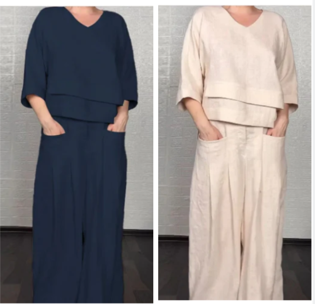 Livia | Conjunto fluido con blusa asimétrica y pantalones anchos