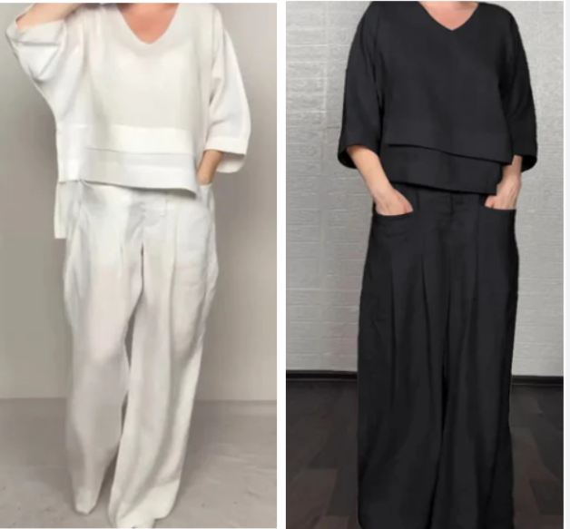 Livia | Conjunto fluido con blusa asimétrica y pantalones anchos