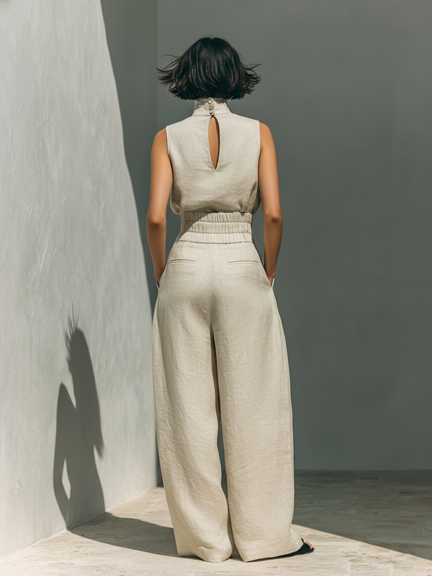 Elena – Conjunto completo de lino con pantalones de pierna ancha