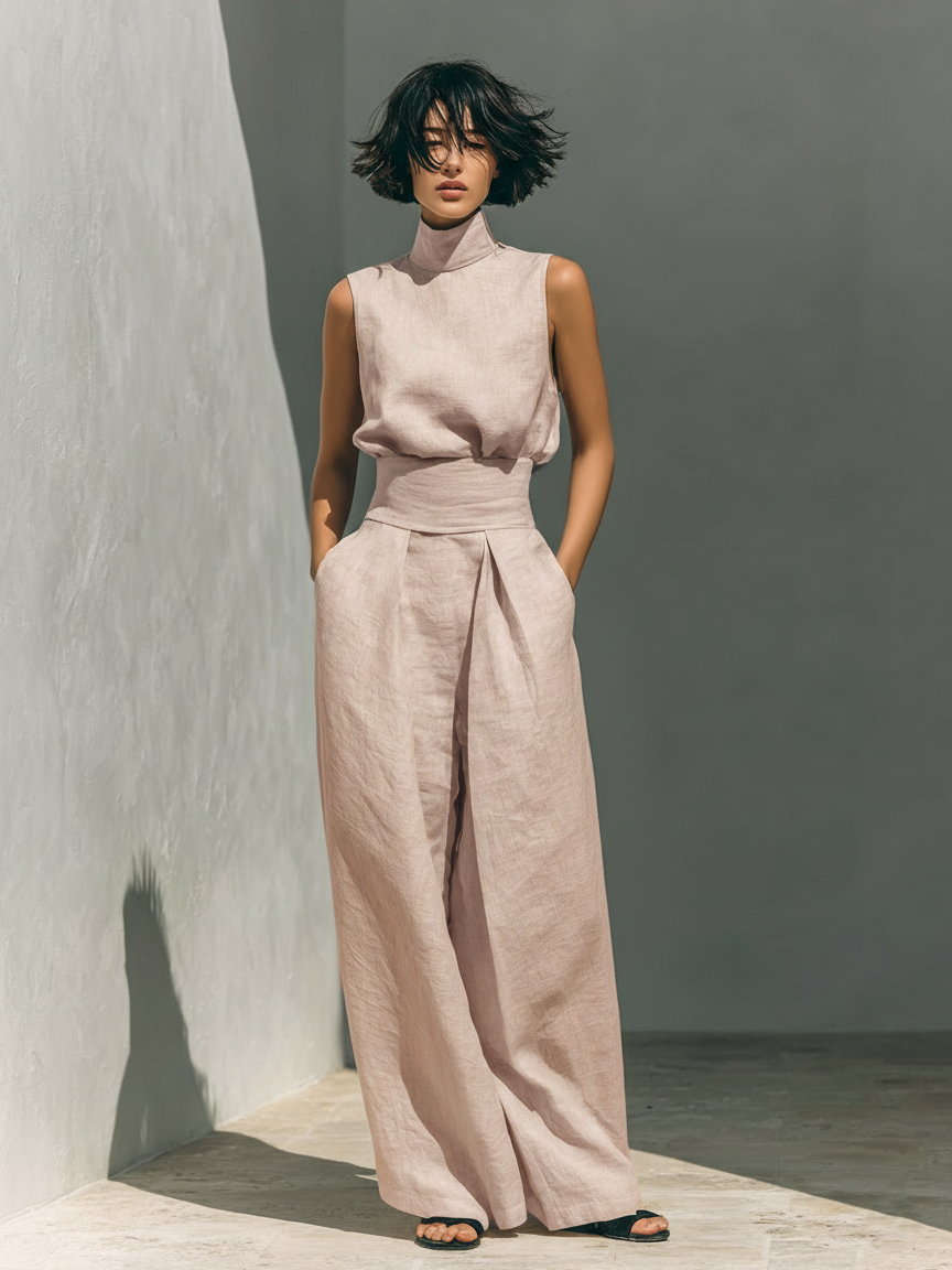 Elena – Conjunto completo de lino con pantalones de pierna ancha