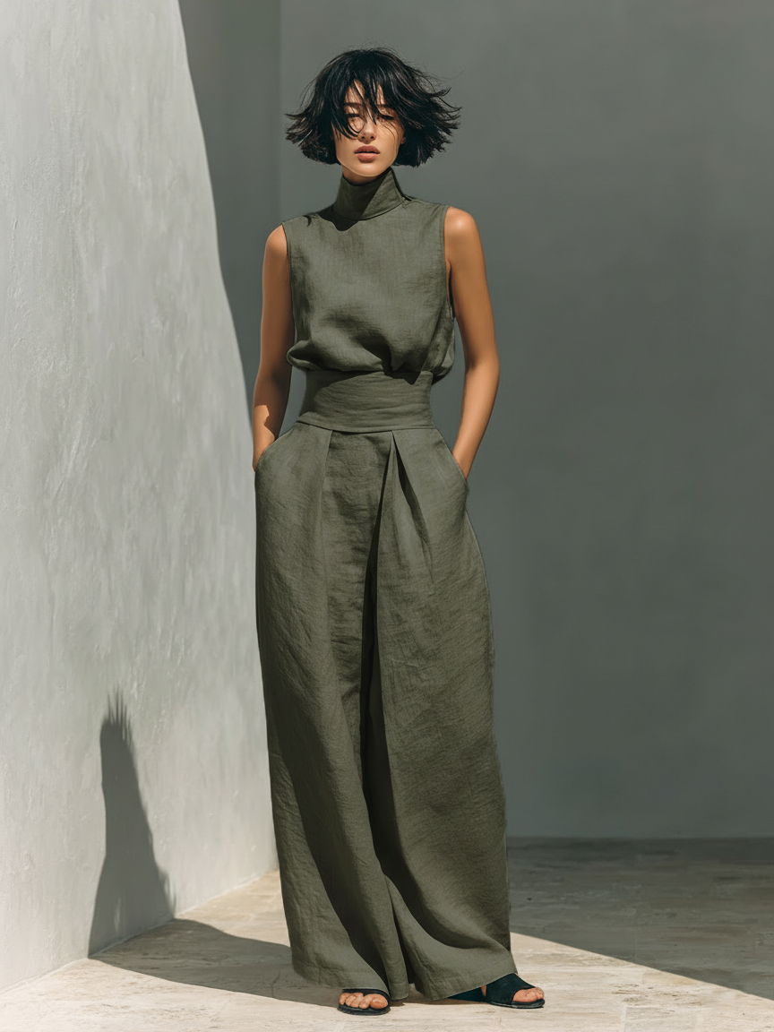 Elena – Conjunto completo de lino con pantalones de pierna ancha