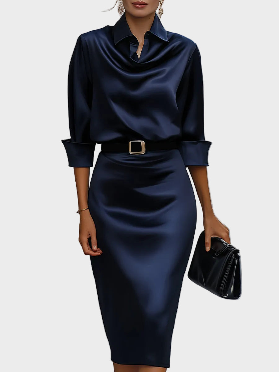Sophia - Vestido midi con cuello drapeado y efecto brillante