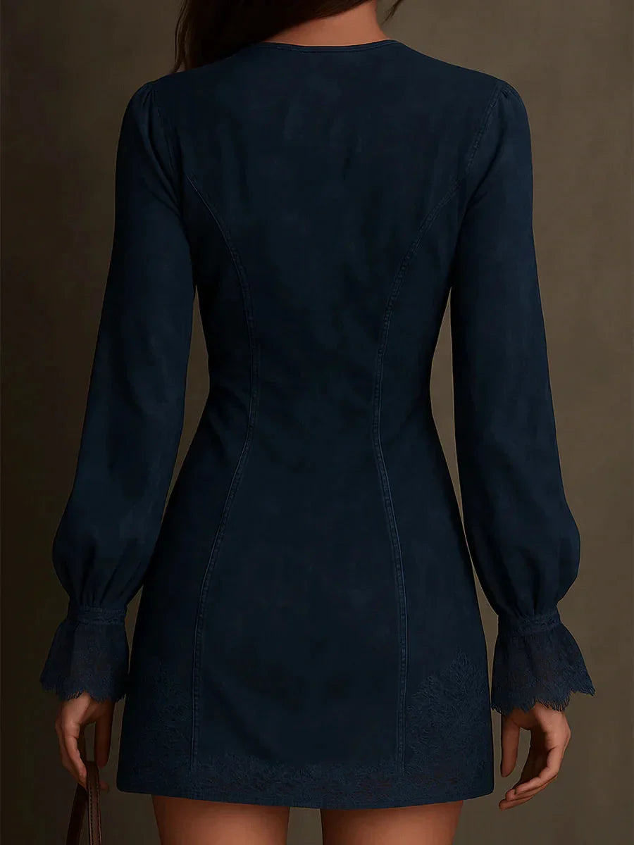 Rachel – Mini vestido de ante azul con encaje