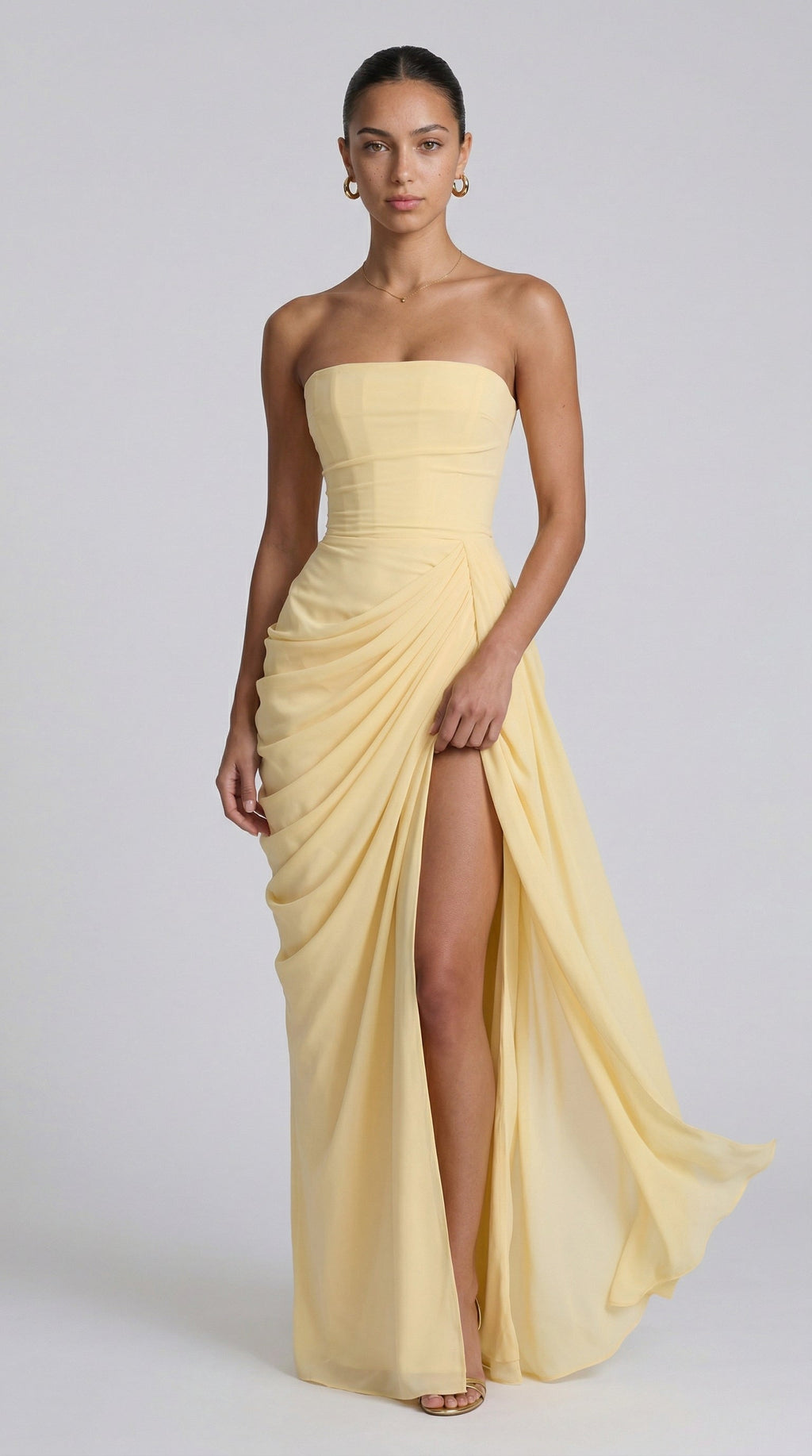 Cyra – Vestido largo de chiffon sin tirantes