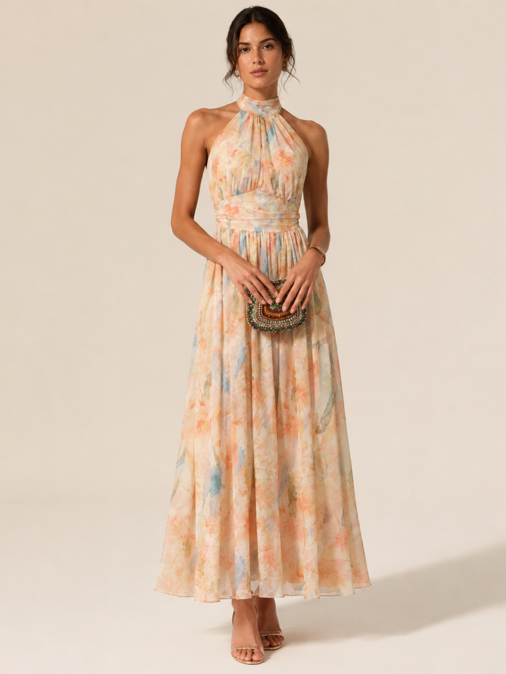 XENIA'S | VESTIDO CON ESCOTE HALTER Y ESTAMPADO DE ACUARELA