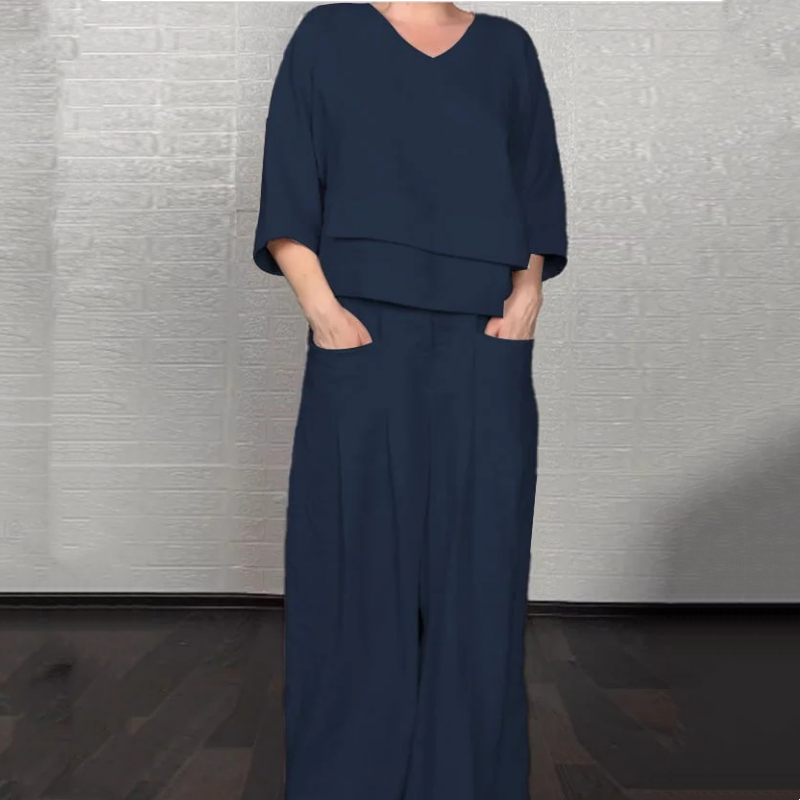 Livia | Conjunto fluido con blusa asimétrica y pantalones anchos