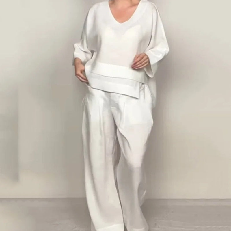 Livia | Conjunto fluido con blusa asimétrica y pantalones anchos