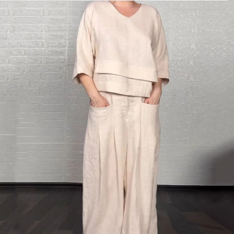 Livia | Conjunto fluido con blusa asimétrica y pantalones anchos