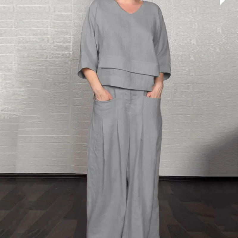 Livia | Conjunto fluido con blusa asimétrica y pantalones anchos