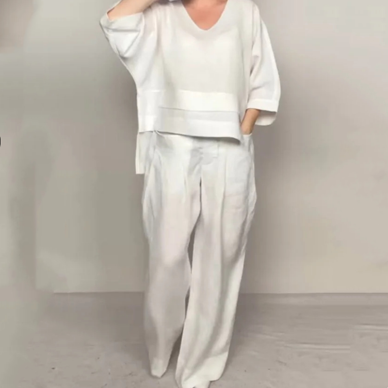Livia | Conjunto fluido con blusa asimétrica y pantalones anchos