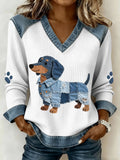Stella - Top de punto con patchwork de denim artístico