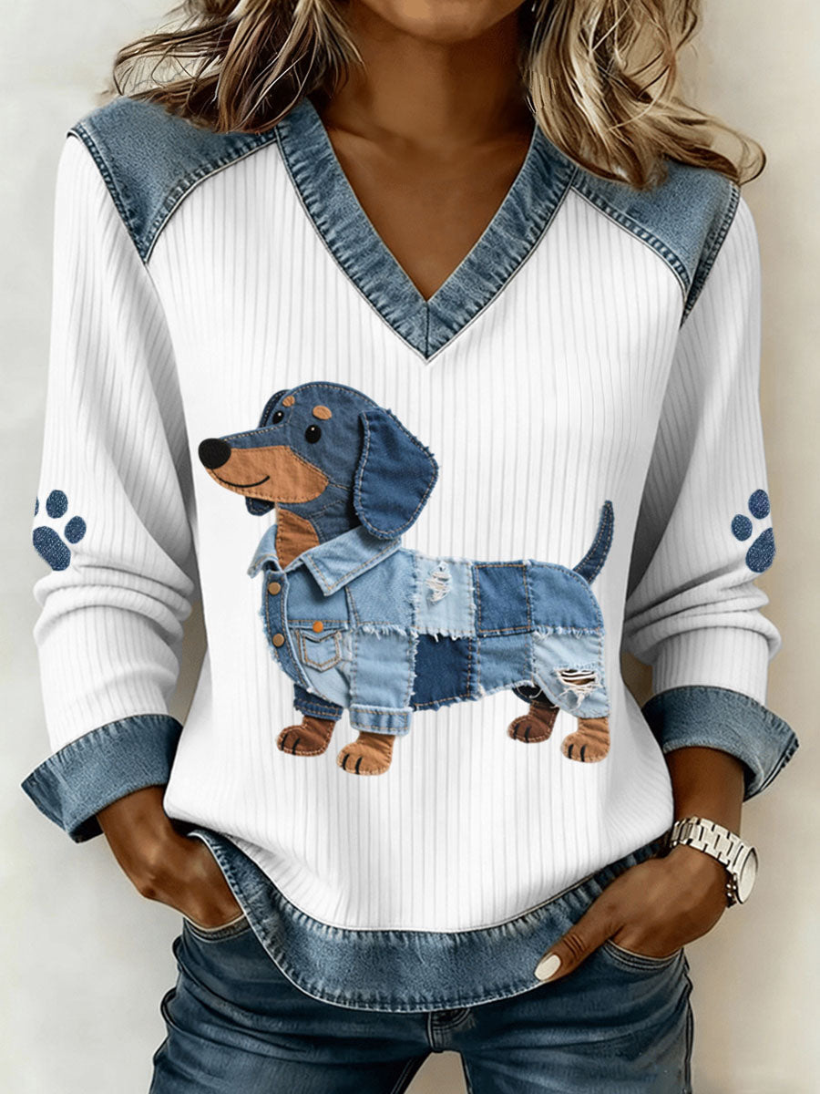 Stella - Top de punto con patchwork de denim artístico